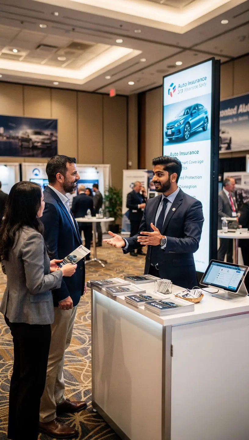 Zadowolony klient przegląda swoją polisę ubezpieczeniową z doradcą w biurze.