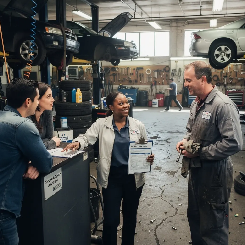 Konsultant ubezpieczeń samochodowych omawia dokumenty dotyczące roszczeń z klientem.