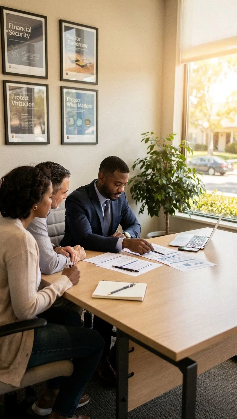 Doradca ubezpieczeniowy omawia szczegóły polisy samochodowej z klientem w biurze.