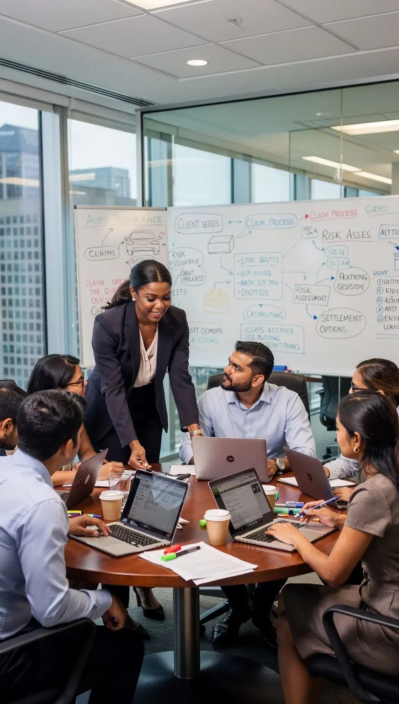 Zespół ekspertów analizujących dokumenty roszczeniowe w nowoczesnym biurze.
