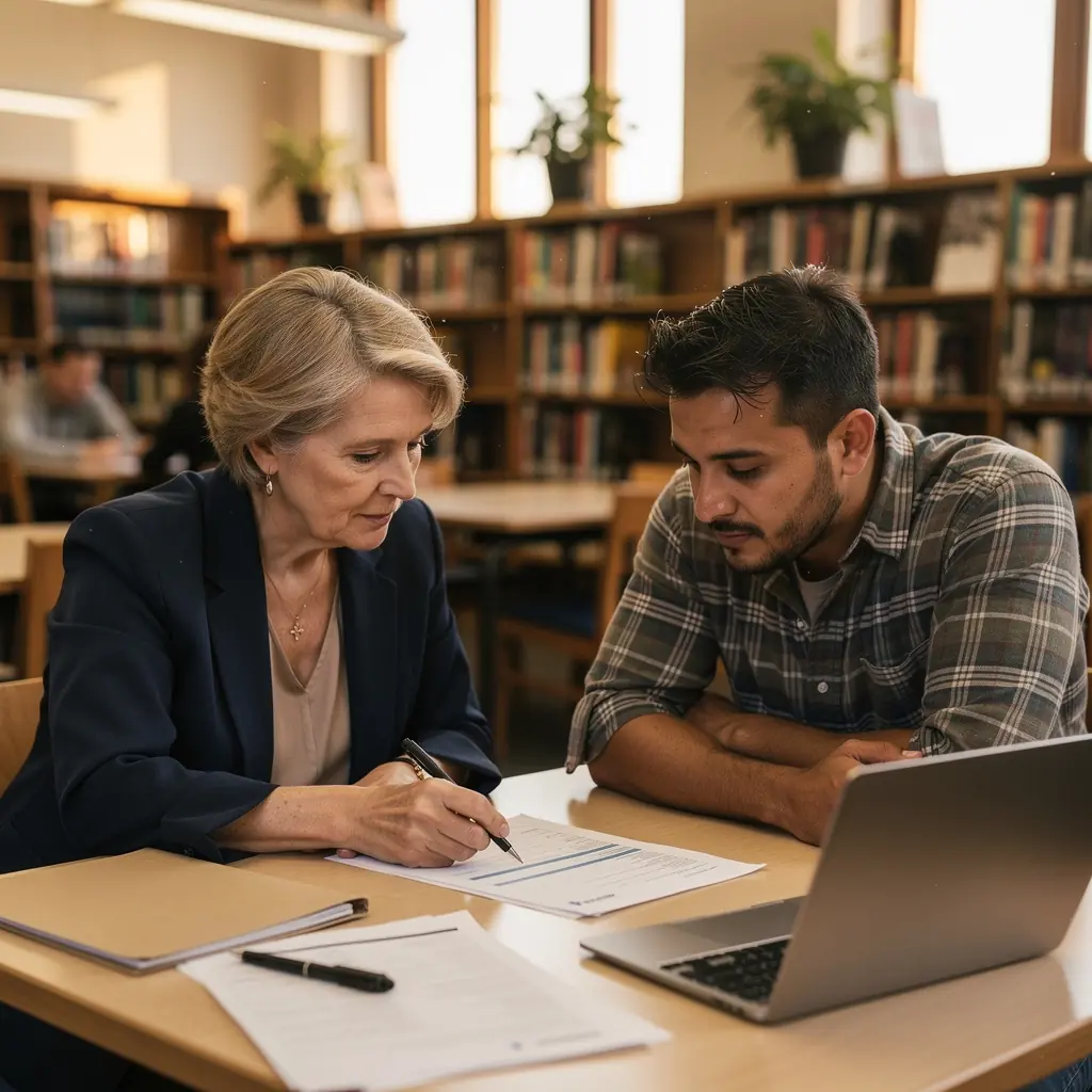 Konsultant omawiający szczegóły polisy ubezpieczeniowej samochodu z klientem w biurze.